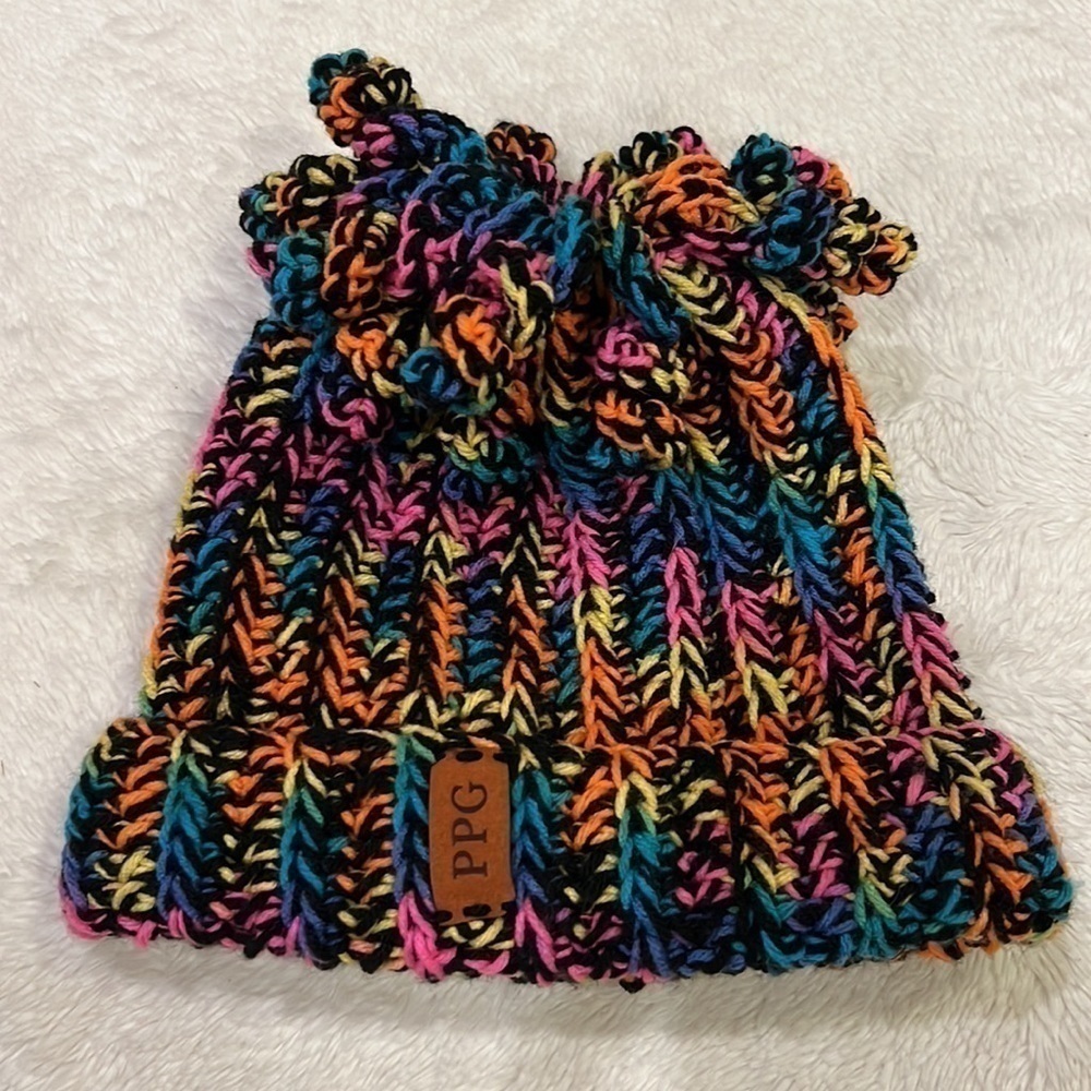 PPG Winter hat ponytail bright colors